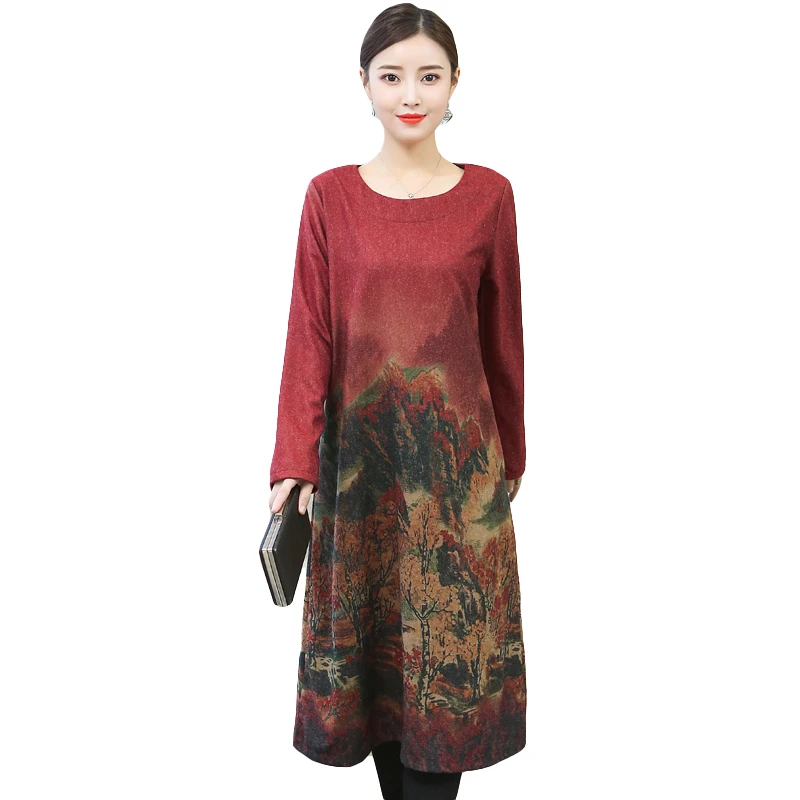 Fashion 2019 New Autumn Women Dresses Casual Loose Cotton Dress Winter Thick Long Sleeve O-Neck Print Floral Vintage | Женская одежда