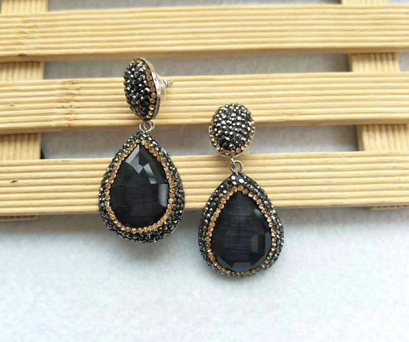 1 пара серьги подвески с натуральным драгоценным камнем черные опаловые ручной