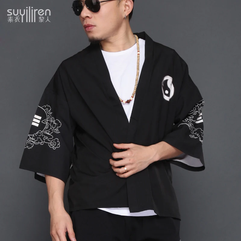 

Summer Thin Japanese Ukiyo Printed Kimono Cardigan Jackets Men Harajuku Fish Floral Print Casual Streetwear