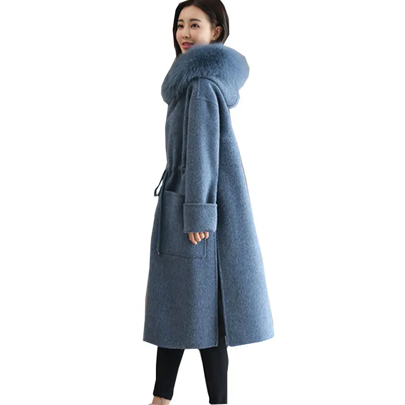 Новинка 2017 большой меховой воротник зимнее женское шерстяное длинное пальто с