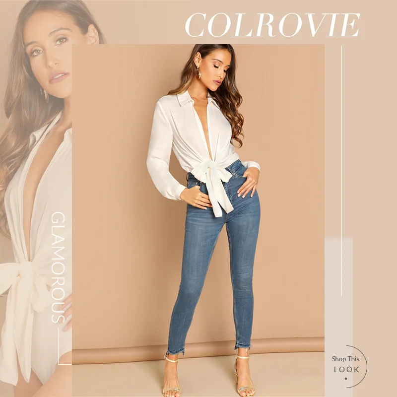 COLROVIE белая однотонная Элегантная блузка с глубоким вырезом и узлом спереди боди для женщин рабочая одежда с длинным рукавом офисные женские боди