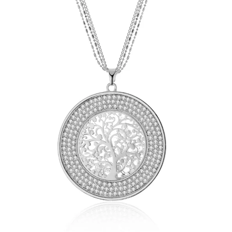 White Color Hollow Inside Crystal Round Tree of life Necklaces& Pendants Long Sweater Chains Crystal Necklace For Women Statement Jewelry - Окраска металла: White Color