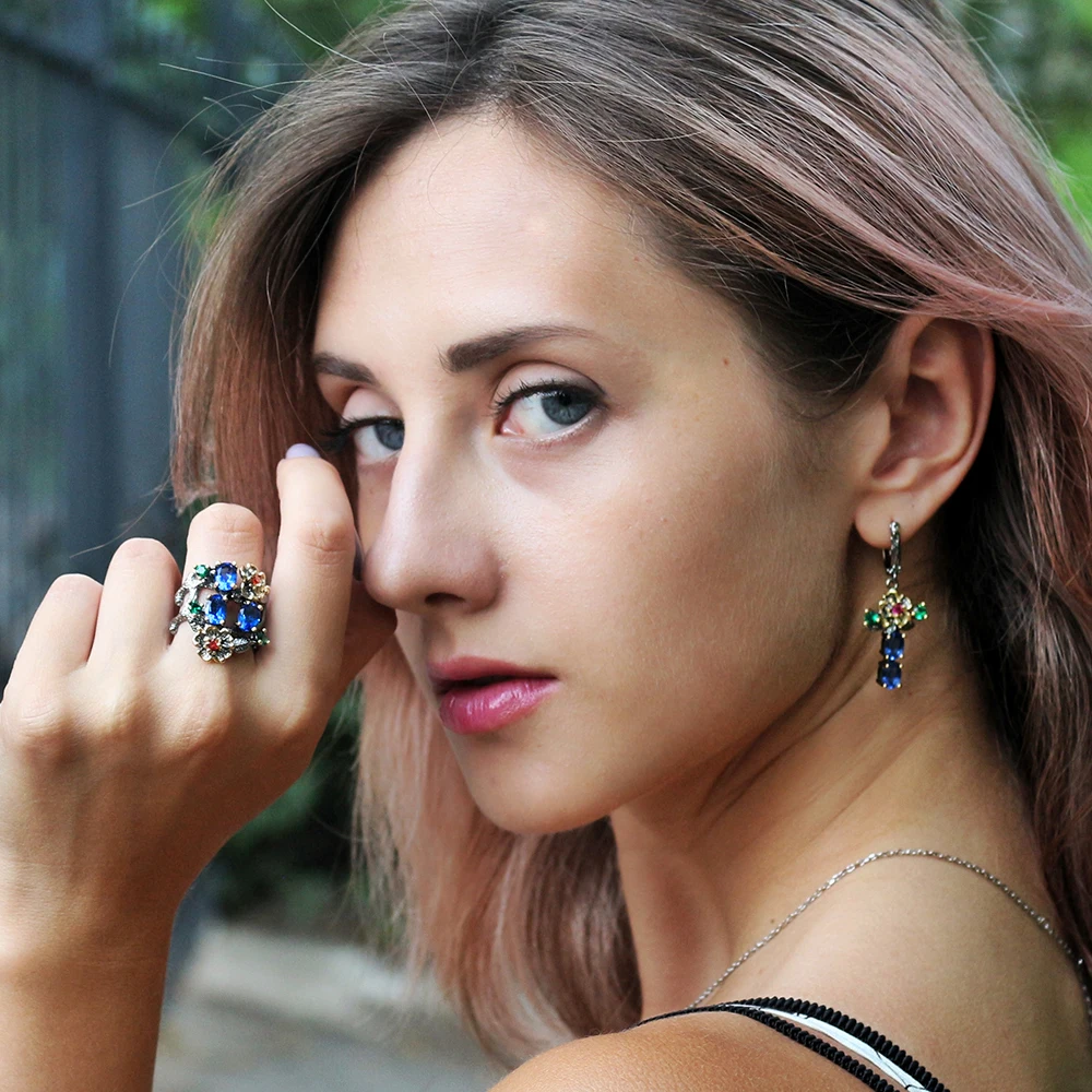 Голубые Кристальные серьги кольцо ювелирный набор лист висячие мульти циркония