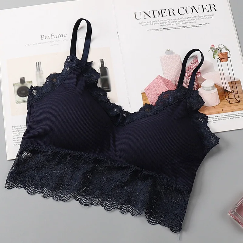 Синий Women Tank Top Sexy Lace Camis Top Push Up Bra Wireless Seamless Padded Bras - Цвет: Синий
