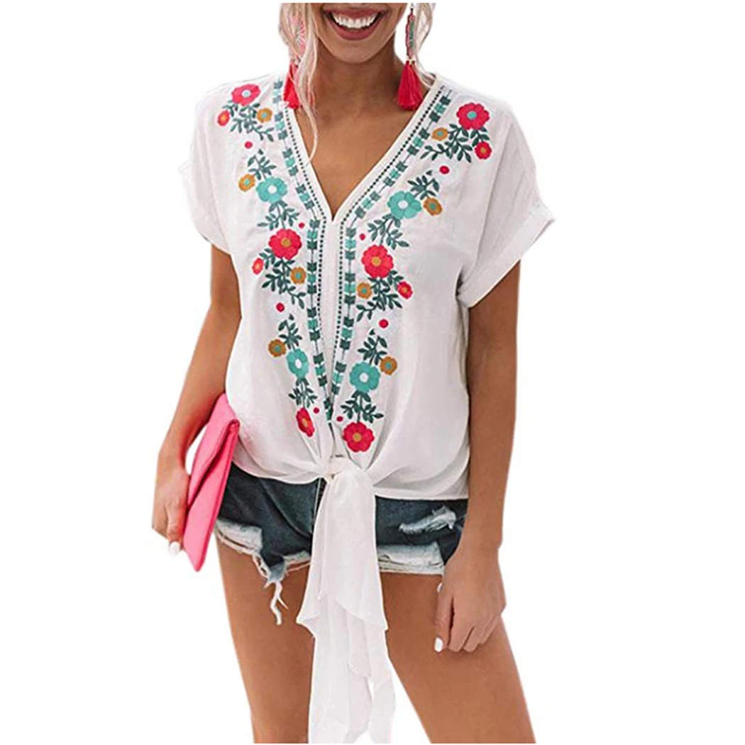 Винтажная белая блузка с цветочной вышивкой женская прозрачная шифоновая