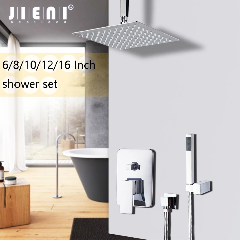 

JIENI 8 10 12 16 Inch Stainless Steel Rainfall Head Bathroom Shower Set Ceiling Mounted Mixer Shower Set Faucet Chrome Polished