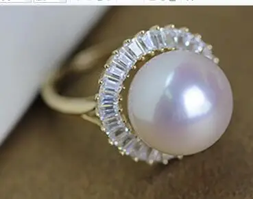 Женское кольцо с натуральным жемчугом роскошное из золота 14 карат 13 мм|natural pearl