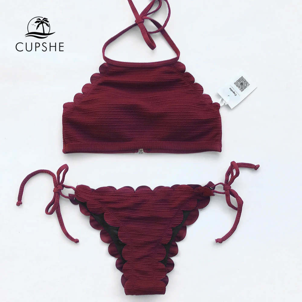 CUPSHE Sway In The Breeze однотонный комплект бикини для женщин с волнистым краем топ на
