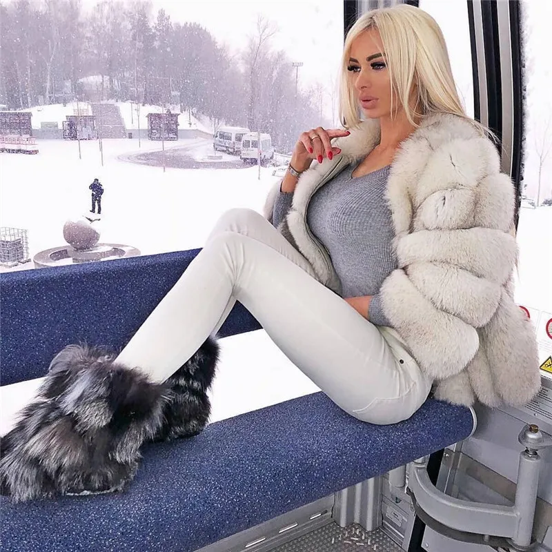 Женские короткие пальто с натуральным мехом лисы рукавами три четверти новинка