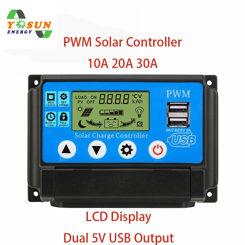 PWM солнечный контроллер заряда 30A/20A/10A 12 В 24 В автоматическая работа ЖК-дисплей двойной USB выход солнечная панель солнечная батарея зарядное устройство регулятор