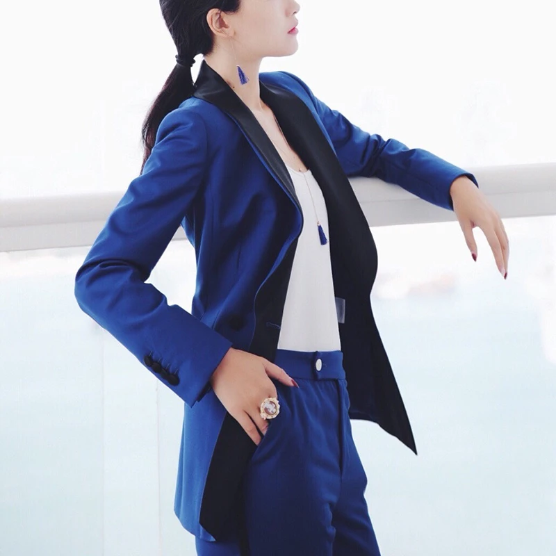 

Пиджак + брюки женские деловые костюмы Королевский синий однобортный женский офисный форменный вечерний формальный Дамский брючный костюм