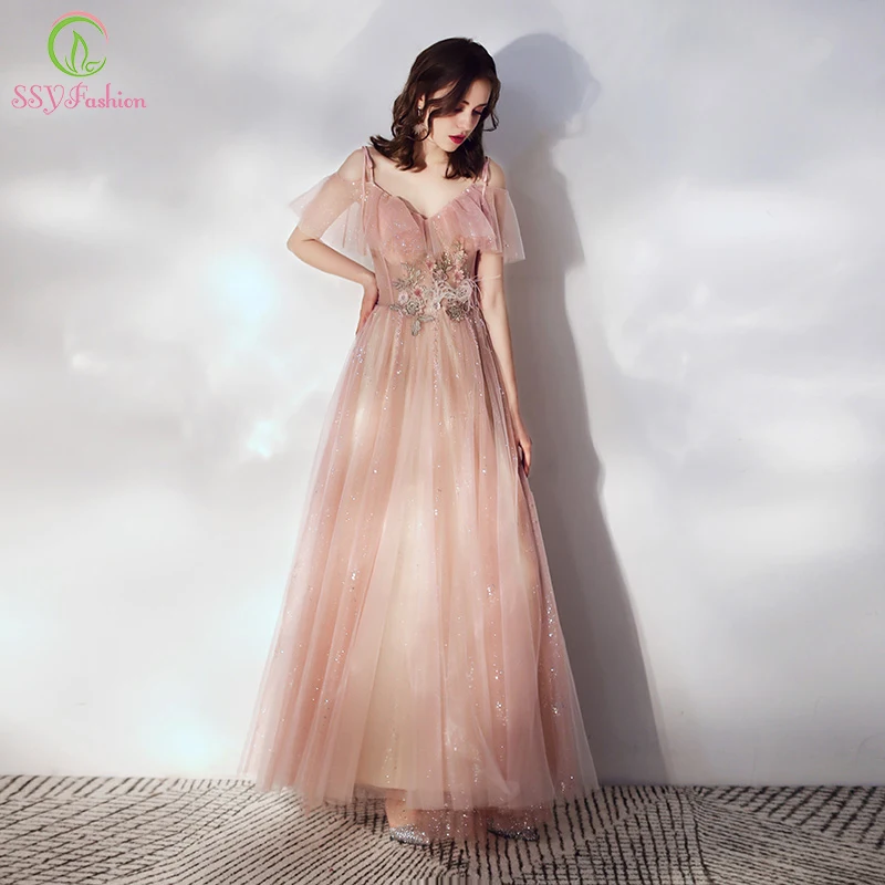 

Женское вечернее платье до пола SSYFashion, розовое платье с v-образным вырезом, кружевной аппликацией и блестками, бальное платье для выпускного...