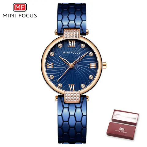 Элегантные женские часы MINI FOCUS, кварцевые аналоговые часы с украшением из кристаллов, синие женские часы, роскошные модные часы ведущей марки