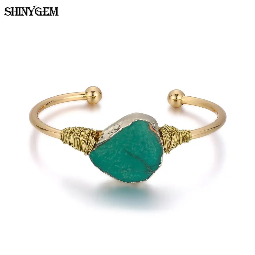 ShinyGem браслет с природными камнями винтажный необычный большой Jaspers камень браслет ручной работы Золотая проволока открытый манжета браслеты для женщин - Окраска металла: Green