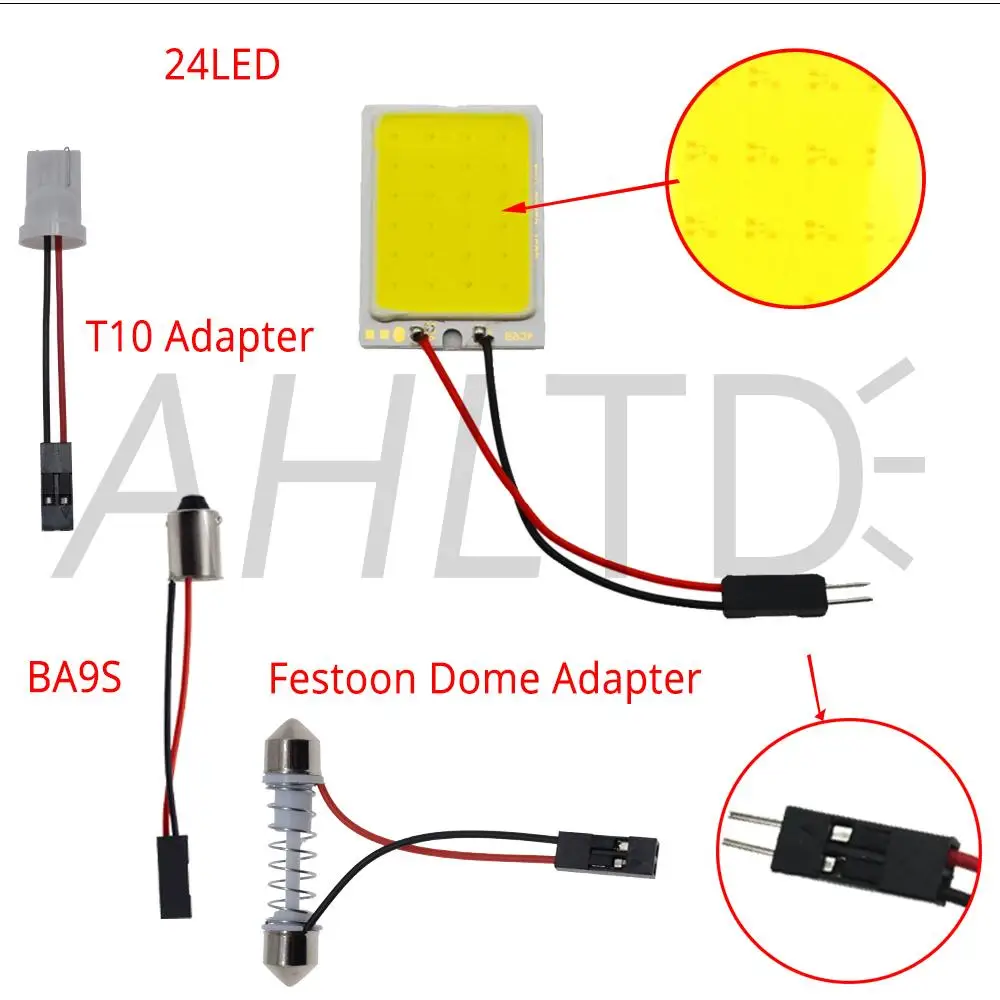 1 шт. Светодиодная лампа для чтения автомобиля T10 Cob W5W C5W 16 24 36 48 led 7 цветов, потолочный светильник, купольная лампа BA9S 3 адаптер постоянного тока 12 В
