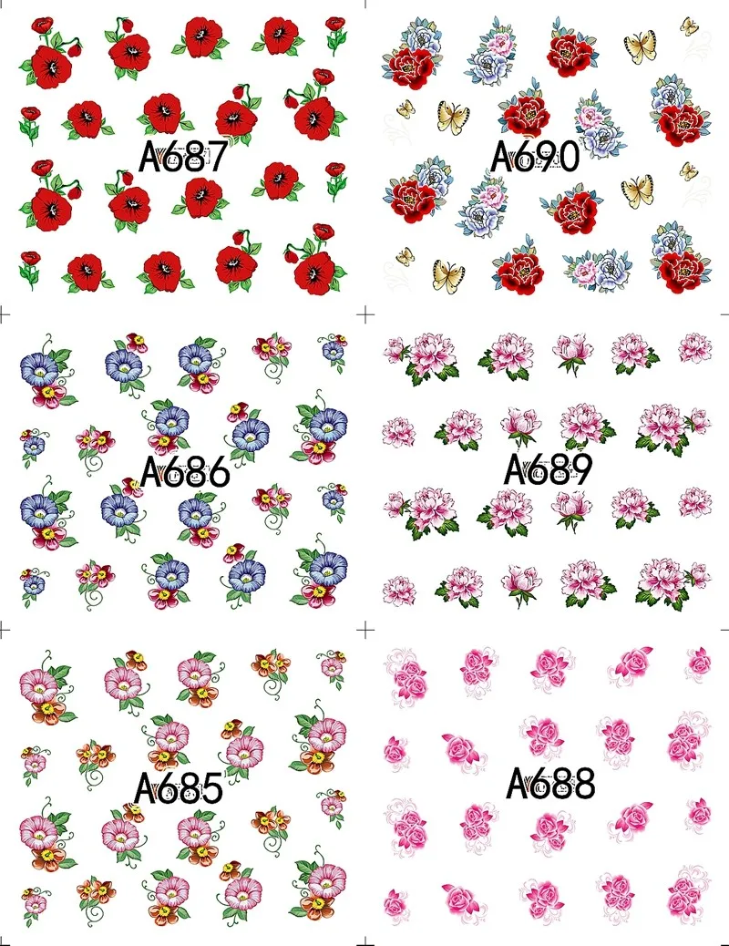 2018 Fashion 12 sheets Water Transfer Nail Art Decals Stickers beauty flower design nail Sticker Decorations DIY A685-696 | Красота и