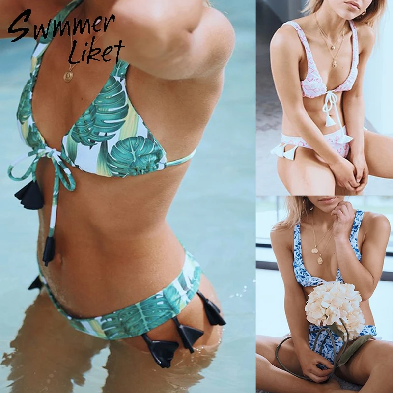 Зеленые костюмы из двух частей с принтом листьев сексуальные купальники