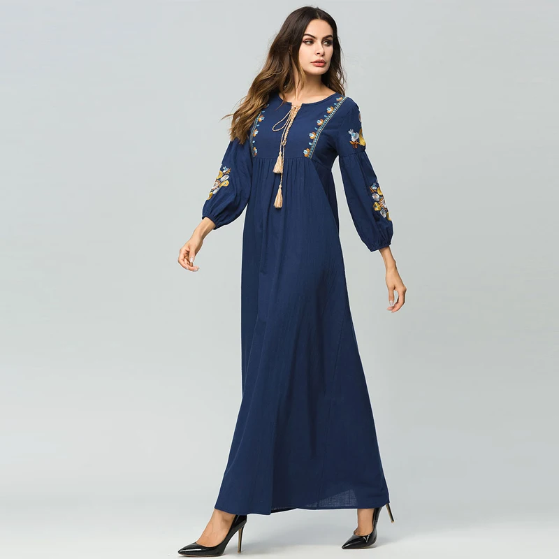 Женское платье с вышивкой на средний восток Abaya мусульманское длинным рукавом