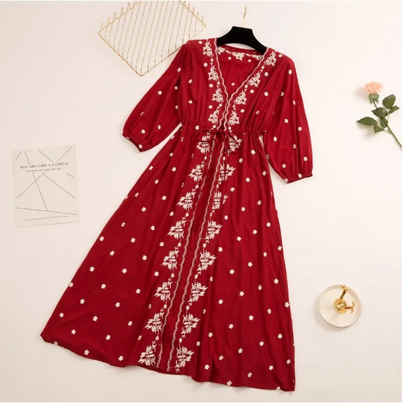 Embroidery Vintage Beach Midi Dress Swimwear Ladies Cotton Slim Casual Tunics Kaftan Beach Dress gravida Summer Boho Dress