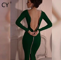 ms ultra low cost sexy fashion womens clothing nightclub sexy back bring zipper knitting long sleeve and knee dress