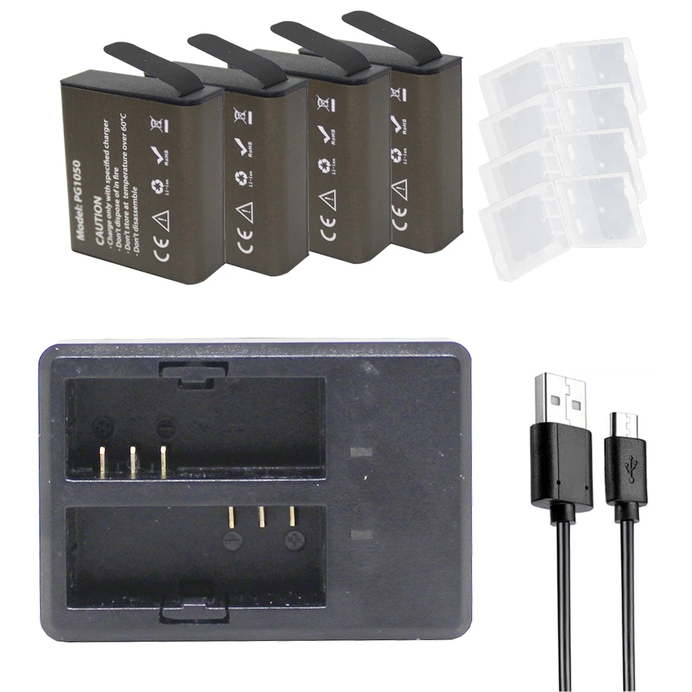 4 шт. батареи SJ4000 PG1050 + двойное зарядное устройство USB для EKEN H9 H9R 4K SJCAM SJ4000 SJ4000WIFI, Air 4K M10 M10WIFI, SJ5000 батарея