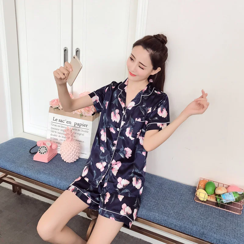 JRMISSLI Цветочный принт Шелковый пижамный комплект Лето Повседневное пижамы Для