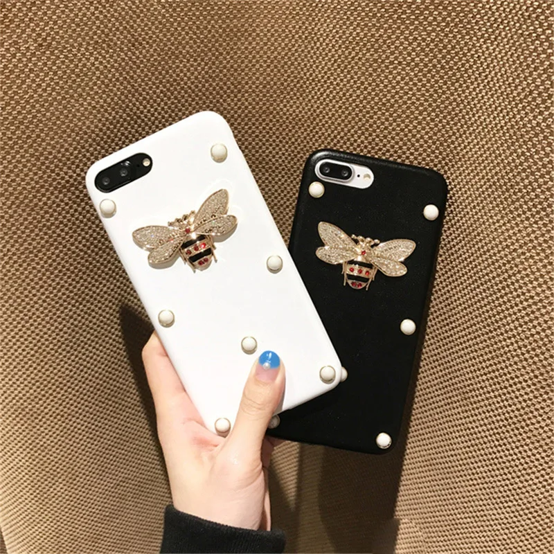 Роскошный кожаный диаманта Bling 3D металла пчелы жемчужина Чехлы для iPhone 7 P 6 8 X ТПУ
