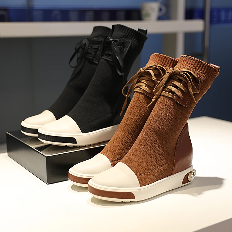 Goede Zapatos De Mujer 2018 Schoenen Vrouw Leather Lace-Up Sok Ankel Laarzen Kristal Zool Hoogte Toenemende Laarzen Vrouw Botas Mujer