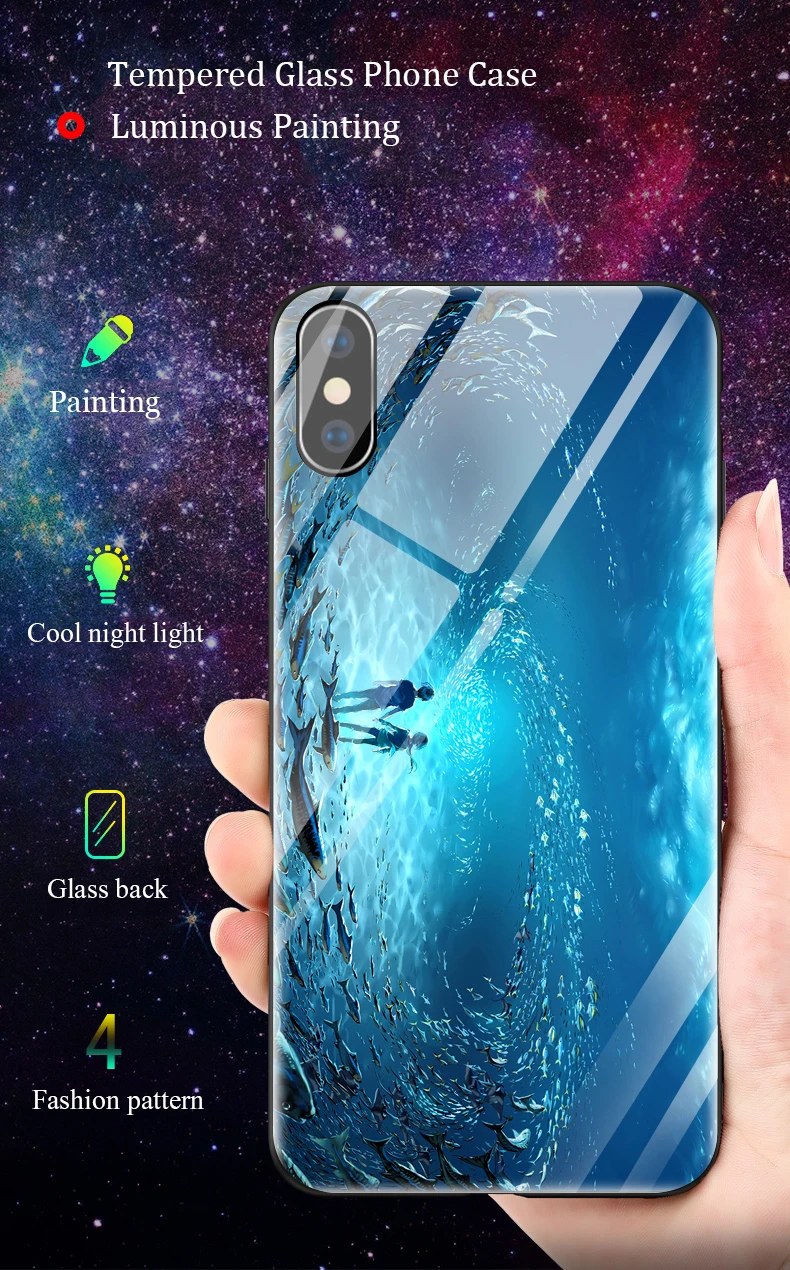 Светящийся чехол для телефона для iPhone XR XS Max X 8 7 6S 6 Plus 5 5S SE, чехол из закаленного стекла с узором в виде ночной моды, Задняя накладка чехла из ТПУ