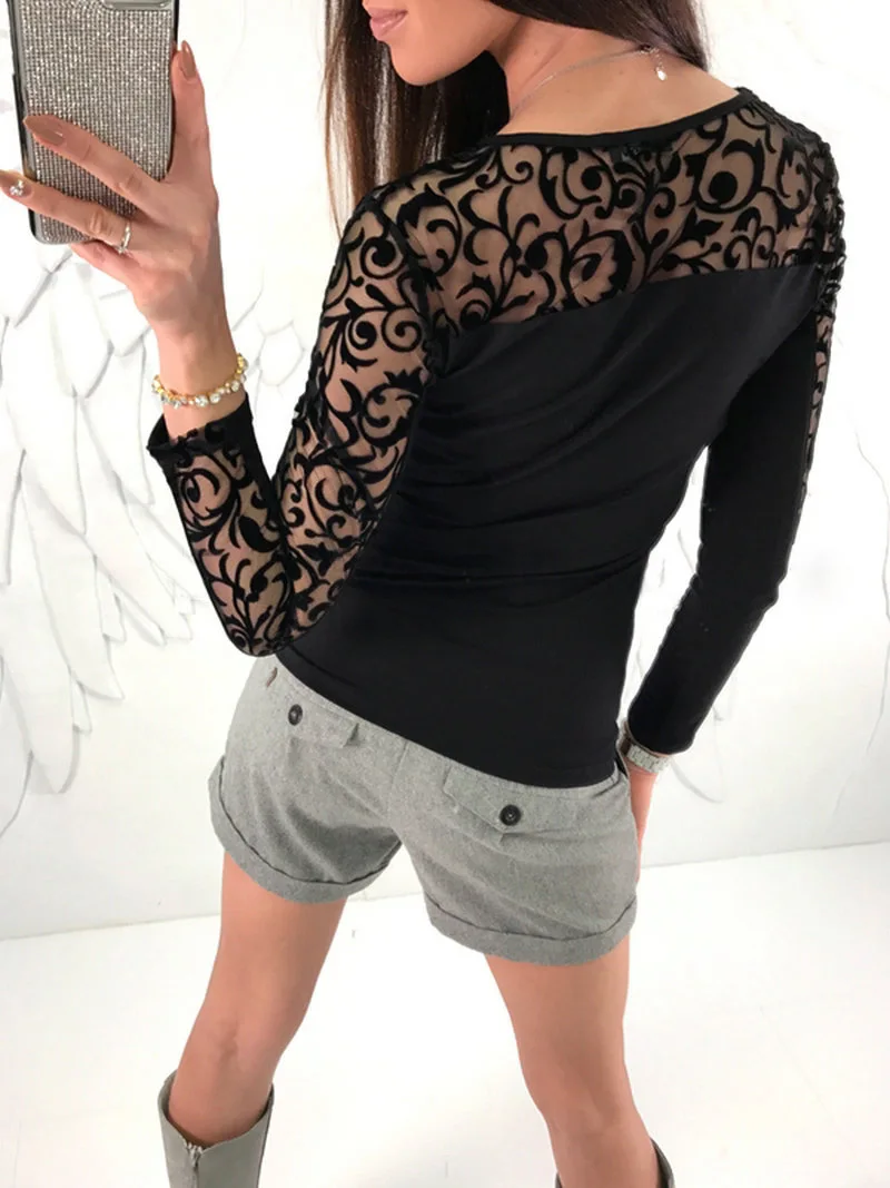 

2019 Autumn New Causal T Shirts Women Sexy T-shirts Long Sleeve Lace T-Shirts Women Tops Women Clothing Black Punk Style