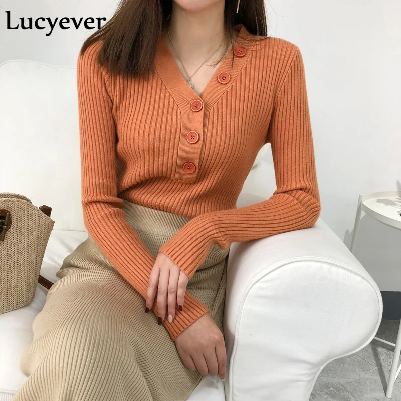 Lucyever сексуальный женский свитер с v-образным вырезом Модный осенне-зимний пуловер с длинными рукавами корейский вязаный свитер Повседневный джемпер Sueter Mujer