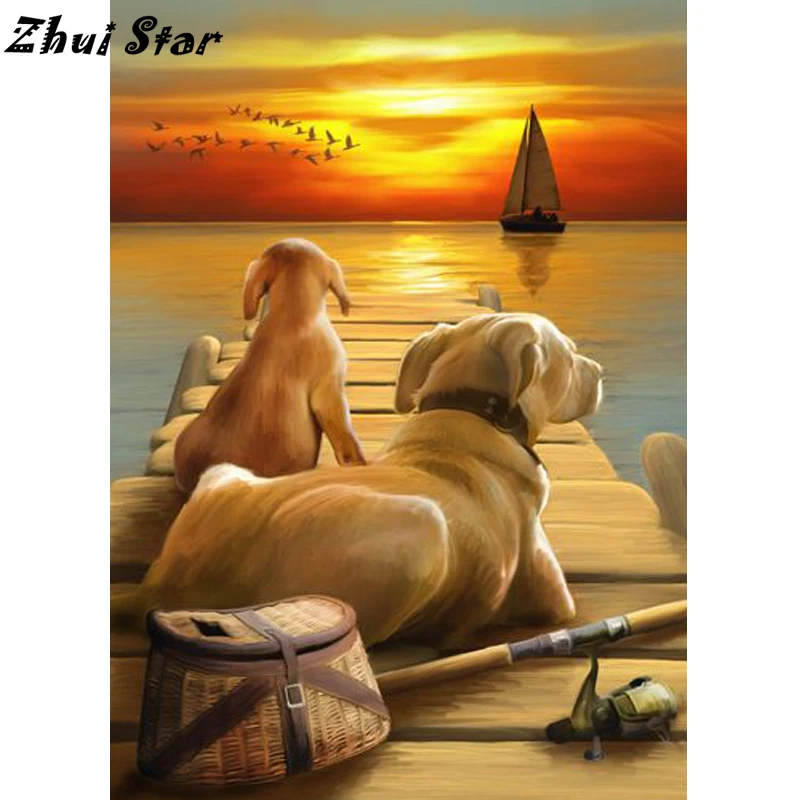 Zhui Star 5D DIY Алмазная вышивка крестиком закат Собака Картина креативный Мозаичный
