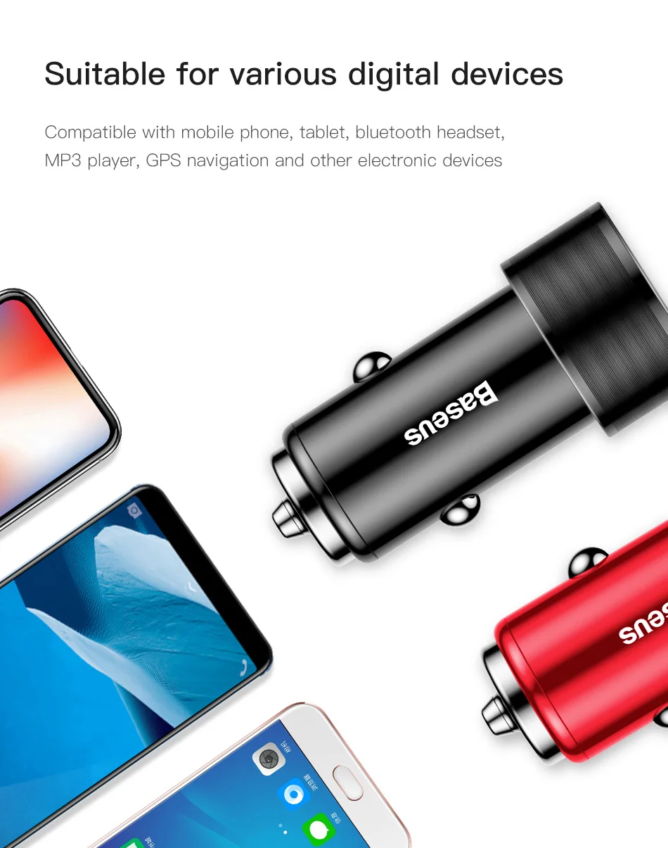 Автомобильное зарядное устройство Baseus 3.4A с двумя usb-портами для iPhone xs, samsung, Xiaomi, iPad, 2 порта, светодиодный, автомобильное зарядное устройство для мобильного телефона, быстрое автомобильное зарядное устройство