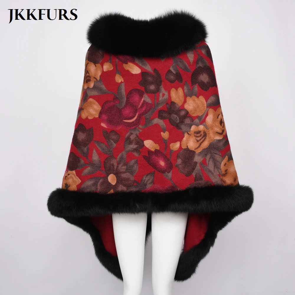 

Women's Real Fur Poncho Genuine Fox Fur Collar Trim & Wool Cashmere Cape Fashion Style Winter Thick Warm Fur Coat S7445