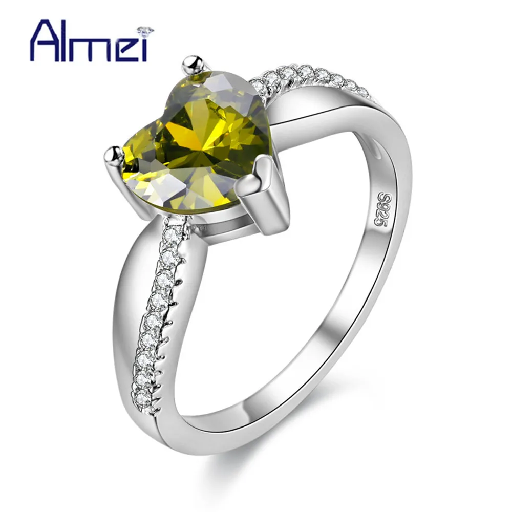 Almei скидка 10% Свадебные Кольца Сердце Радуга зеленый циркон для женщин Серебряный