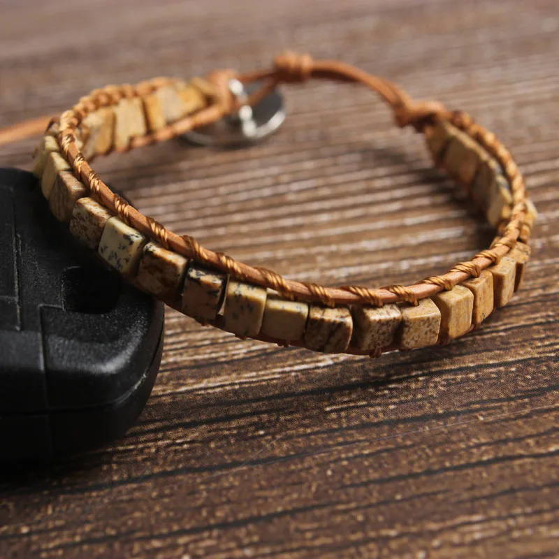 

LanLi natural Jewelry 4x4mm light tan square Picture stone bracelet men and women Giving presents and self use