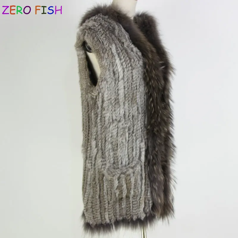 high quality hot sale knitted rabbit fur pocket vest raccoon dog collar with hood waistcoat | Женская одежда