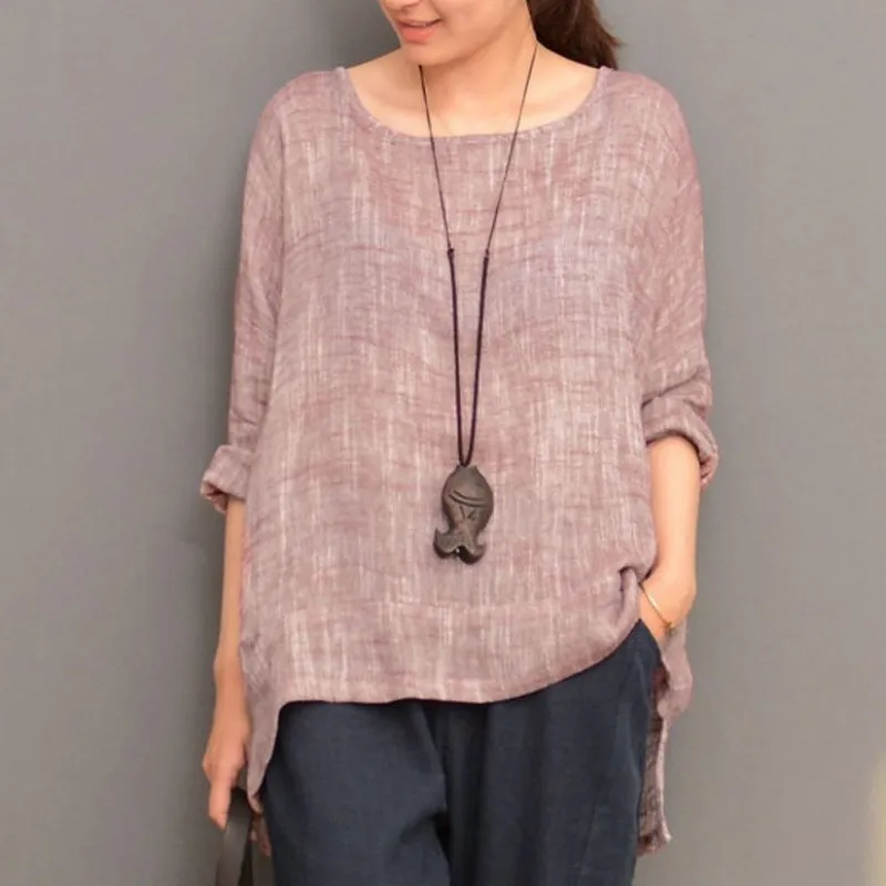 Женская хлопковая блузка с длинным рукавом Однотонная рубашка круглым вырезом