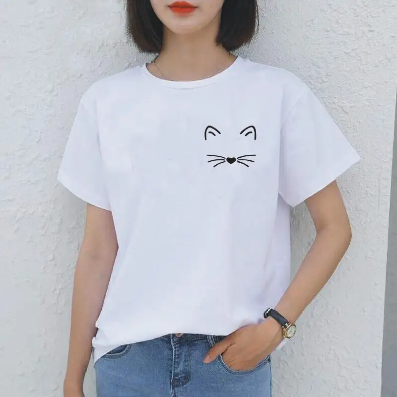 

Fashion Cat Face Pocket Print Women Tshirt Hipster Short Sleeve Casual Shirt Tee Shirt Femme Funny Harajuku T Shirt Women Tops