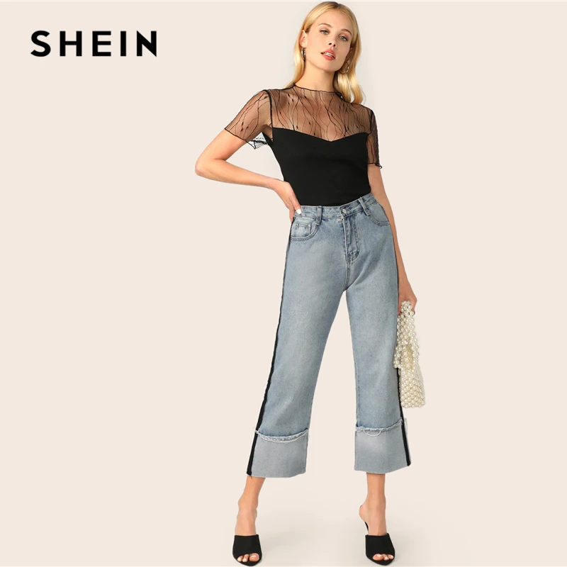 SHEIN Трикотажный Топ С Сетчатыми Вставками Женский Черный Летний Элегантный Топ С Короткими Рукавами И Стоячим Воротником