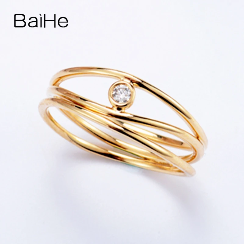 BAIHE Твердое 14 к желтое золото 0.05CT сертифицировано H/SI круглые натуральные бриллианты обручальные женские модные ювелирные изделия Подарочное кольцо