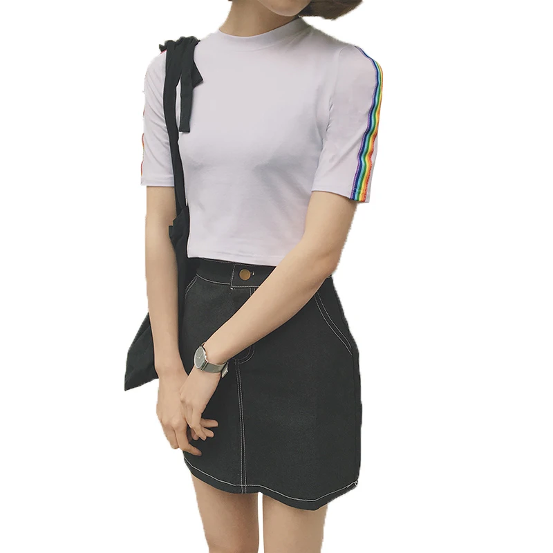 2017 летние короткие женские футболки подходящие ко всему с принтом радуги тонкие