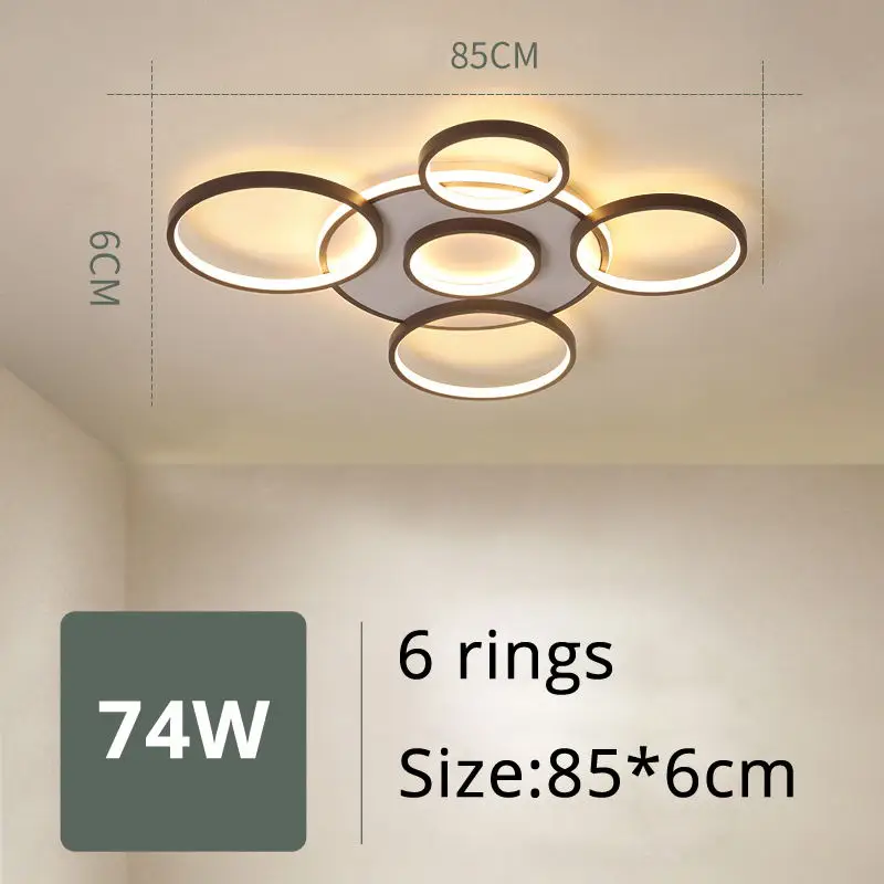 6 rings 74W Светодиодный Люстра для гостиной, современный белый кофейный блеск, железное освещение для спальни, простые люстры с регулируемой яркостью - Цвет абажура: 6 rings 74W