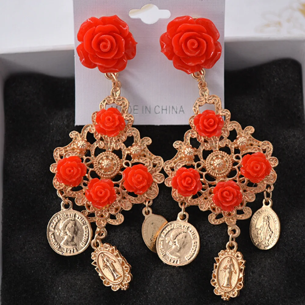 

Charmcci Red flower Coin tassels wedding Vintage Long Drop Earring