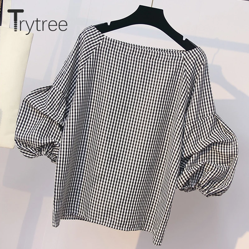 Trytree Spring summer Women two piece set Casual Plaid Slash Neck Tops + Skirt Denim Mini skirt Female Suit Set 2 Piece | Женская одежда