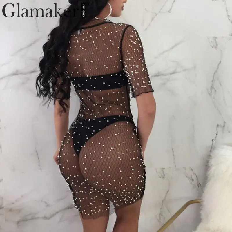 Glamaker Сетчатое прозрачное элегантный блесток миди платье женское сексуальное с коротким рукавом красивое уличная летнее повседневное черное платье
