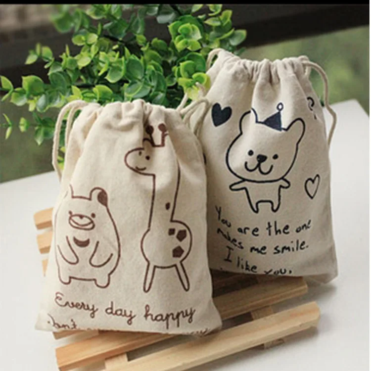

cute cartoon storage bag with printing animal bear cotton drawstring bag for small things