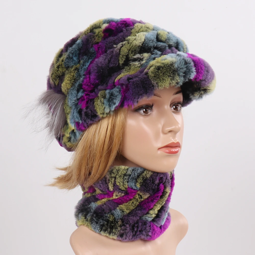 

2023 Women Real Rex Rabbit Fur Hat Scarves Sets Winter Lady Knitted Genuine Fur Hat Scarf Good Elastic Natural Fur Hats Mufflers