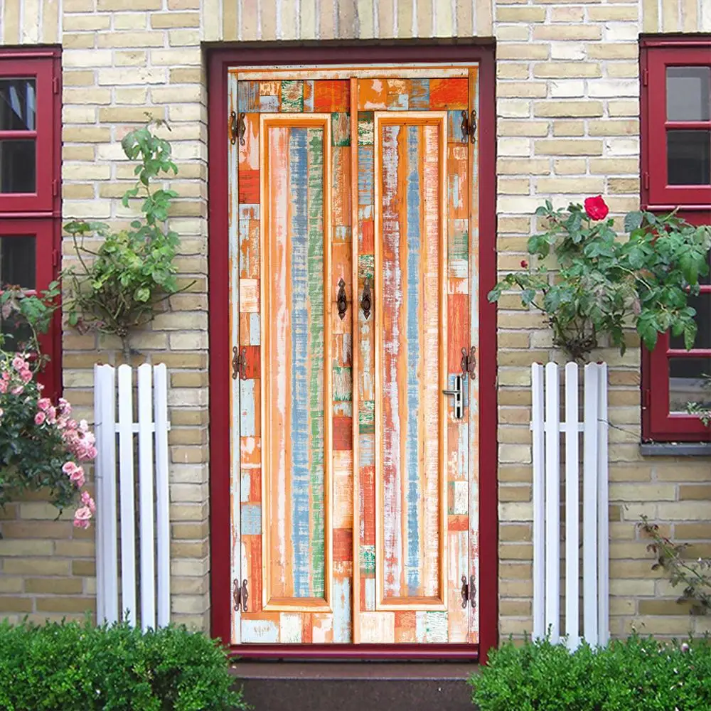 

Vintage Orange Wooden Door Door Stickers Living Room Doors Decorative Poster Waterproof Art Wallpaper for Bedroom