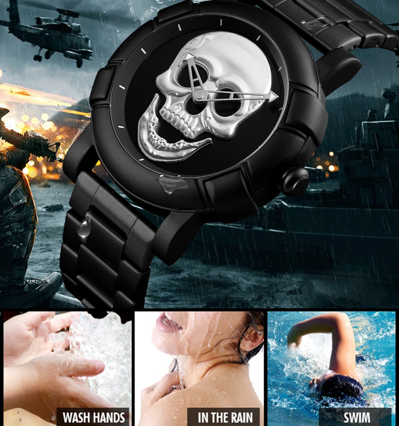 SKMEI Skull часы мужские часы люксовый бренд кварцевые часы спортивные водонепроницаемые из нержавеющей стали мужские Wristatch Reloj военные часы 9178